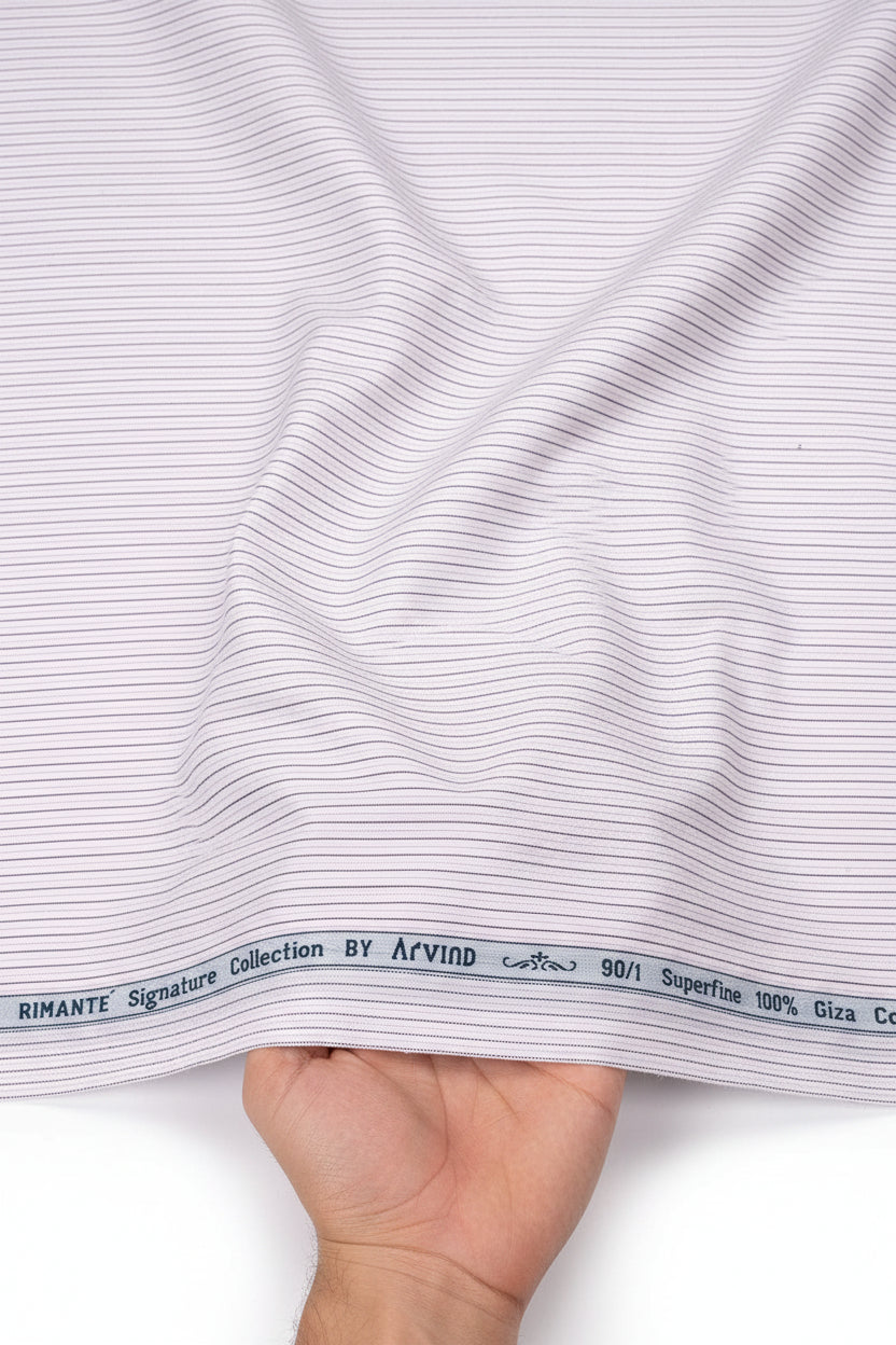 Light pink Primante cotton striped shirting fabric by Arvind, showcasing soft, high-quality unstitched fabric with classic stripe pattern.