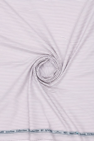 Light pink unstitched Primante cotton striped shirting fabric by Arvind, showcasing soft, breathable material with classic striped pattern.