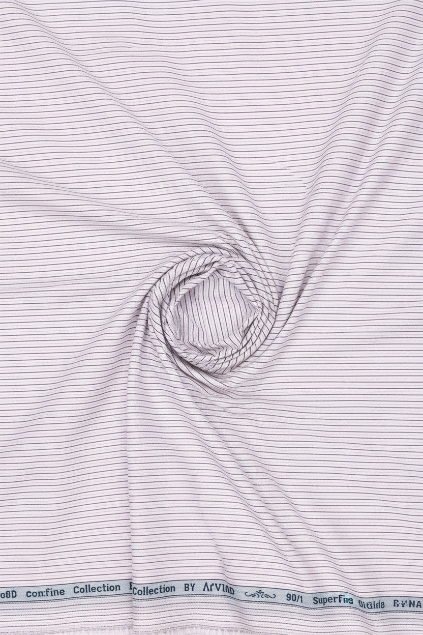 Light pink unstitched Primante cotton striped shirting fabric by Arvind, showcasing soft, breathable material with classic striped pattern.