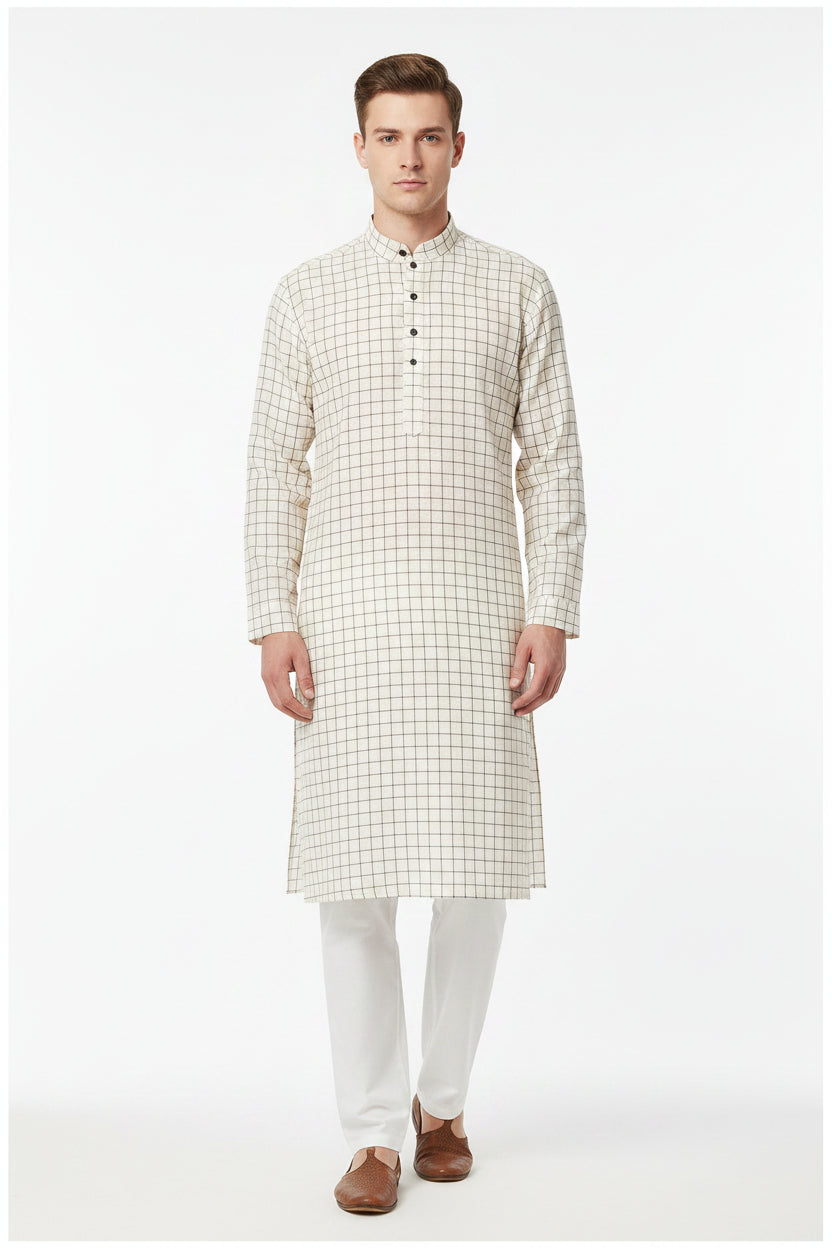 Beige Arvind cotton shirting fabric shown in close-up with a smooth, woven texture suitable for shirts and apparel.