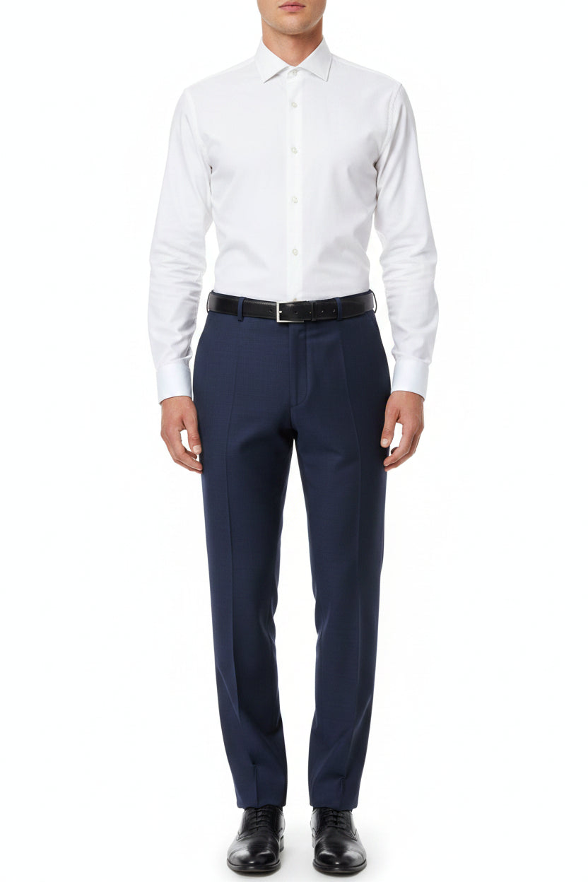 Navy blue Arvind Cotton Lycra trouser and suiting fabric showing smooth woven textile with subtle sheen and texture.