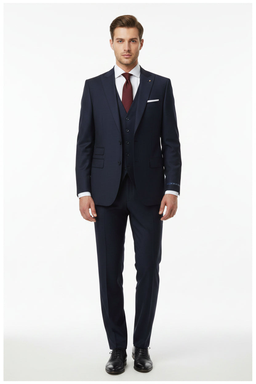Navy blue Arvind cotton Lycra trouser and suiting fabric, textured textile with subtle weave pattern, ideal for tailored garments.