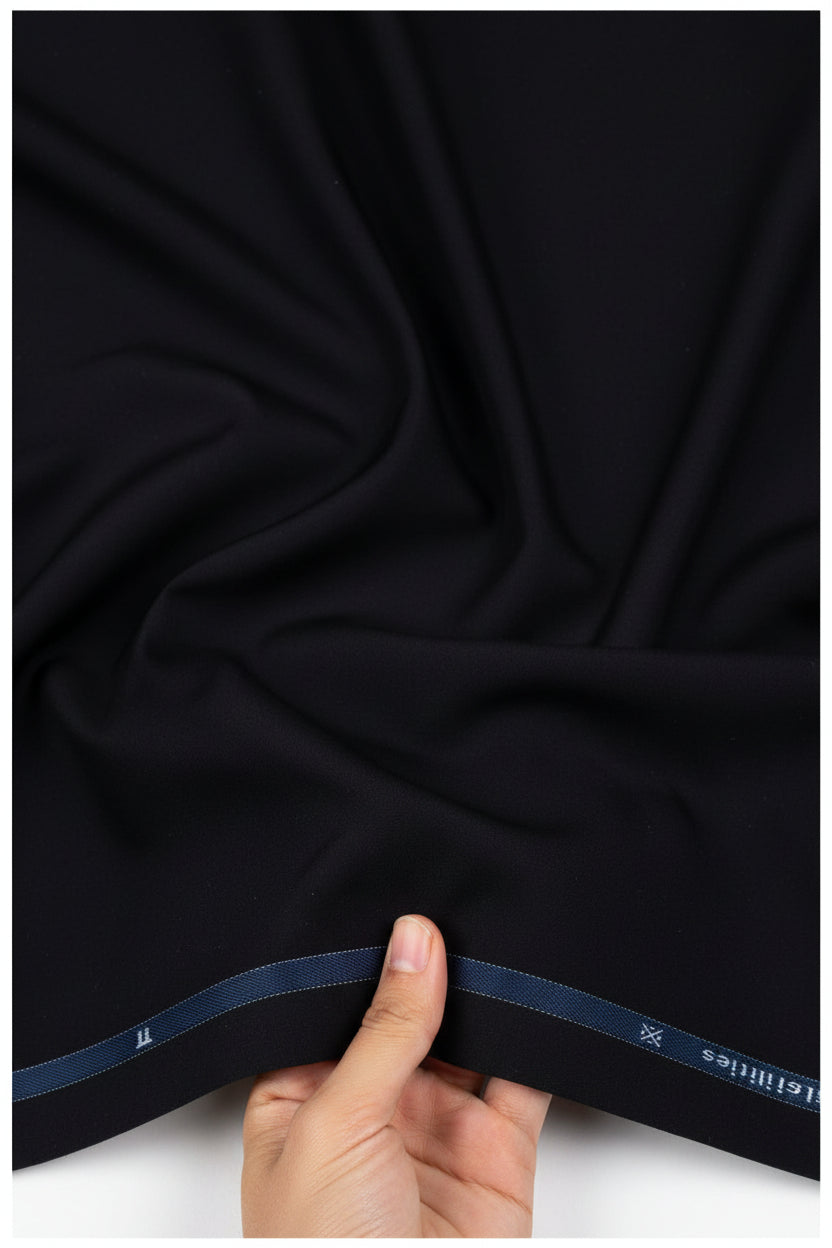 Black Arvind cotton Lycra stretchable trouser and suiting fabric shown in the image.