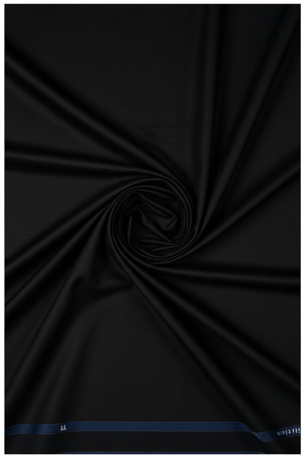 Black Arvind Cotton Lycra stretchable suiting fabric shown in a close-up view, highlighting the smooth cotton Lycra blend material.