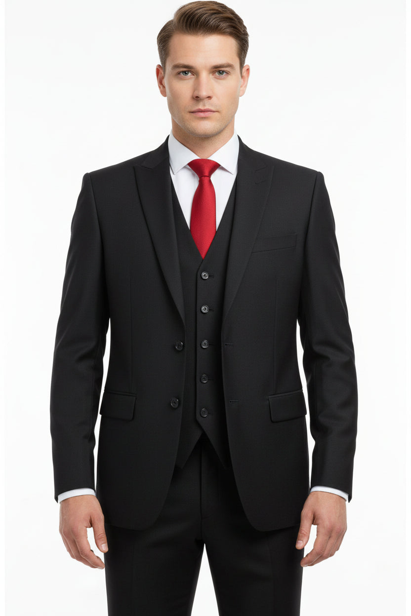 Black Raymond poly wool suiting fabric with Lycra stretch, shown in close-up detail.