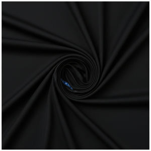 Black Raymond poly wool suiting fabric with Lycra stretch, showing a close-up of the textured fabric surface.