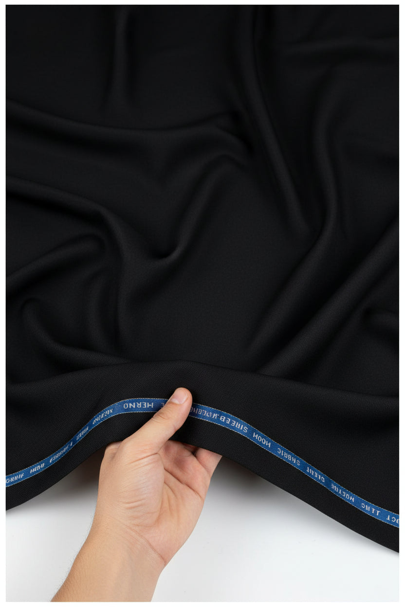 Black Raymond poly wool suit fabric with Lycra stretch, showing a close-up of the textured, flexible material.