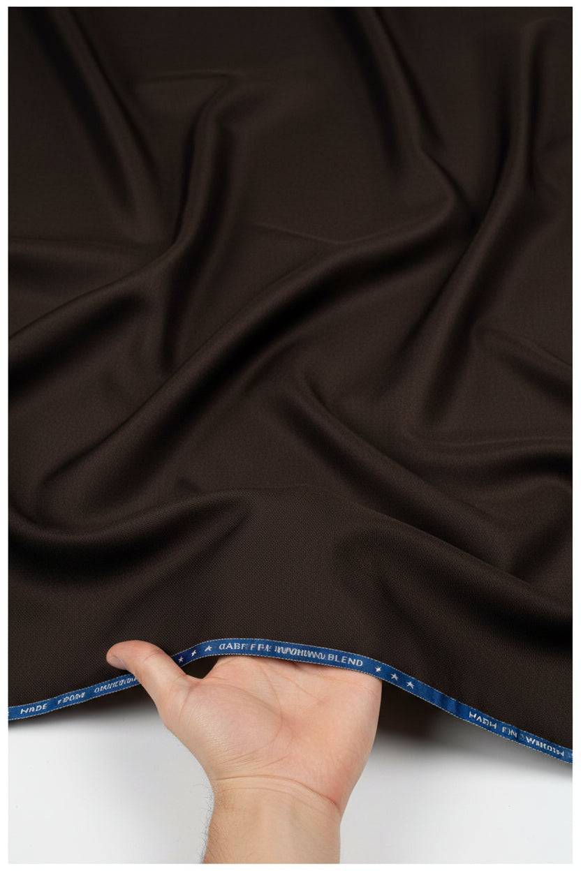 Raymond poly wool trousers and suiting fabric in dark coffee with Lycra stretch, showing fabric texture and color detail.
