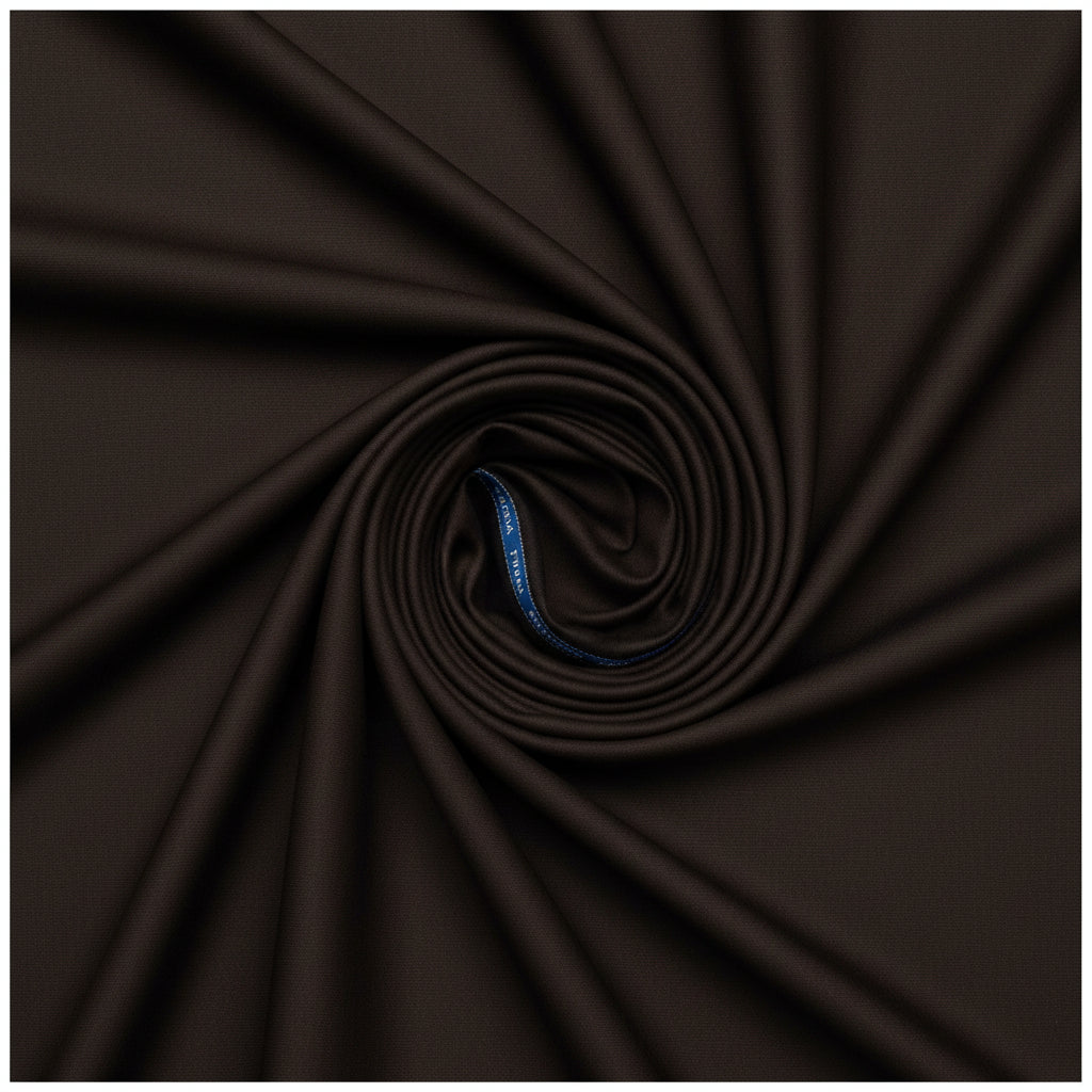 Raymond poly wool trousers and suiting fabric in dark coffee with Lycra stretch, shown in close-up detail.