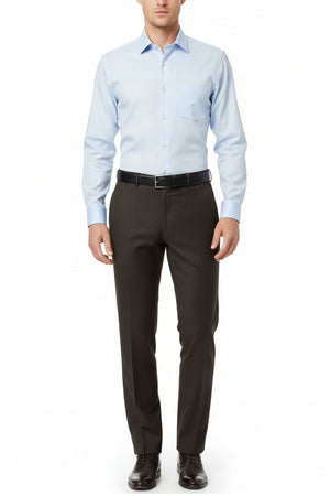 Raymond poly wool suit fabric with Lycra stretch in dark coffee, ideal for tailored trousers and suiting garments.