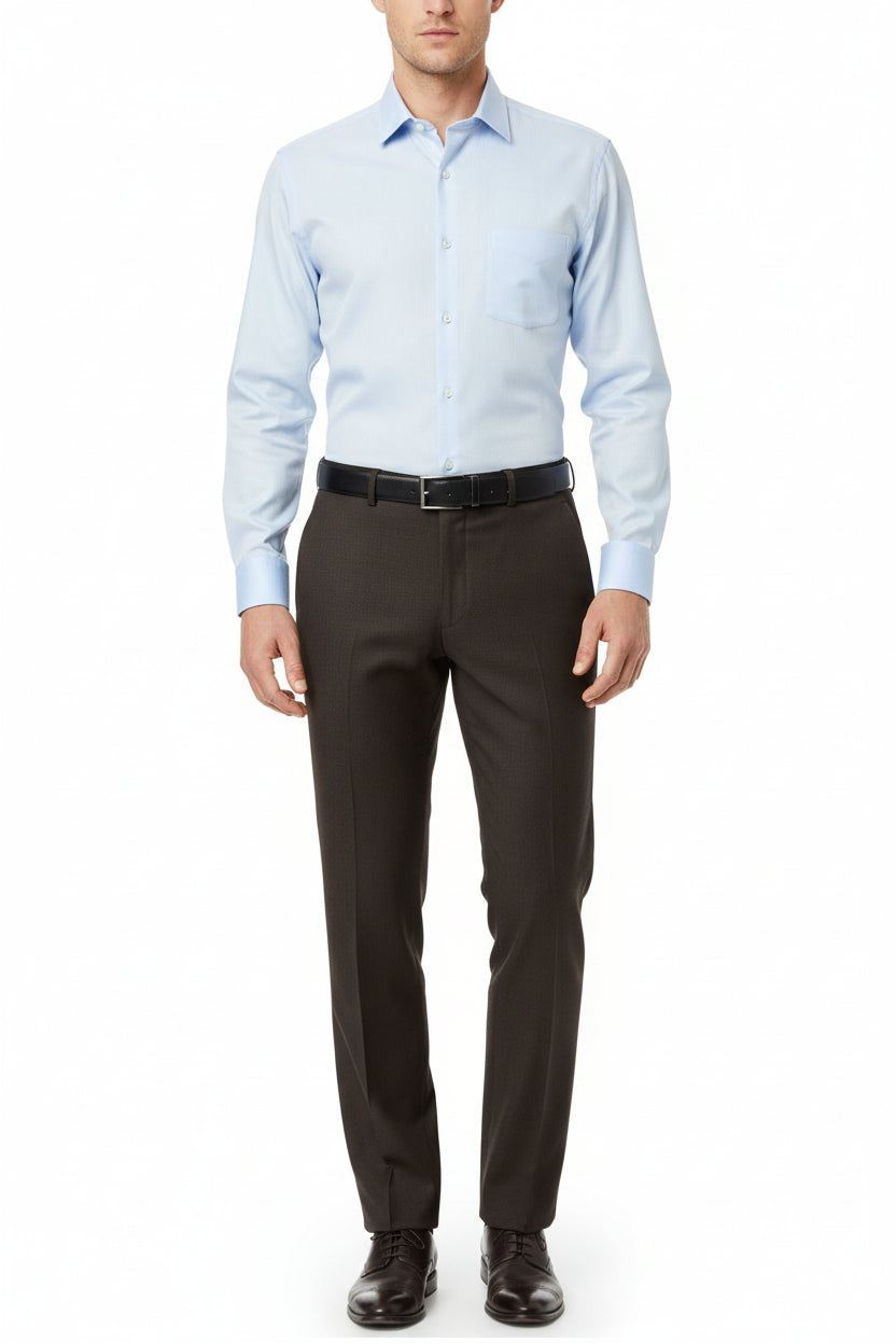 Raymond poly wool suit fabric with Lycra stretch in dark coffee, ideal for tailored trousers and suiting garments.