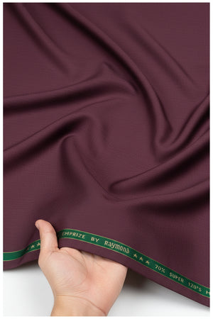 Raymond unstitched super 120’s poly wool trousers and suiting fabric in wine color, displayed flat with fabric details.