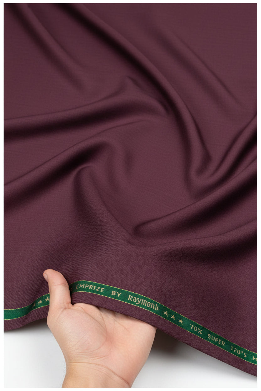 Raymond unstitched super 120’s poly wool trousers and suiting fabric in wine color, displayed flat with fabric details.