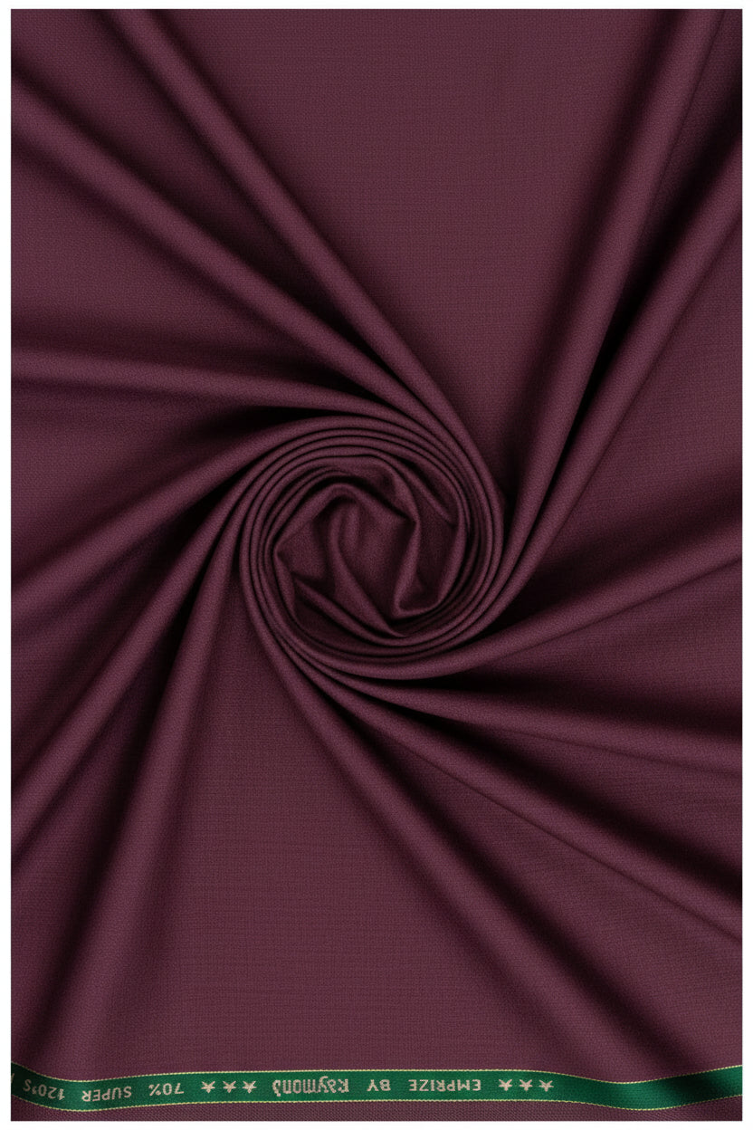 Raymond unstitched poly wool trousers in wine color, Super 120's suiting fabric, close-up of fabric texture and color details.