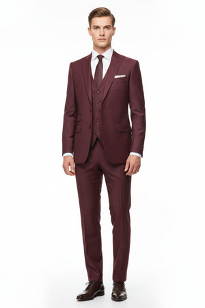Raymond unstitched super 120’s poly wool trousers and suiting fabric in wine color, displayed flat for tailoring or sewing projects