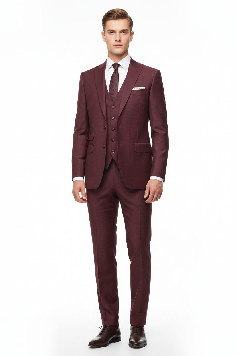 Raymond unstitched super 120’s poly wool trousers and suiting fabric in wine color, displayed flat for tailoring or sewing projects