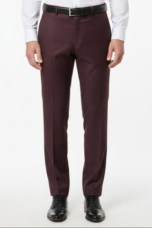 Raymond unstitched Super 120’s poly wool trousers and suiting fabric in wine color, detailed close-up of fabric texture and weave.