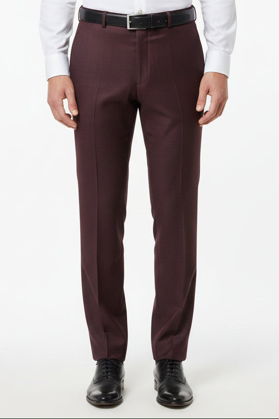 Raymond unstitched Super 120’s poly wool trousers and suiting fabric in wine color, detailed close-up of fabric texture and weave.