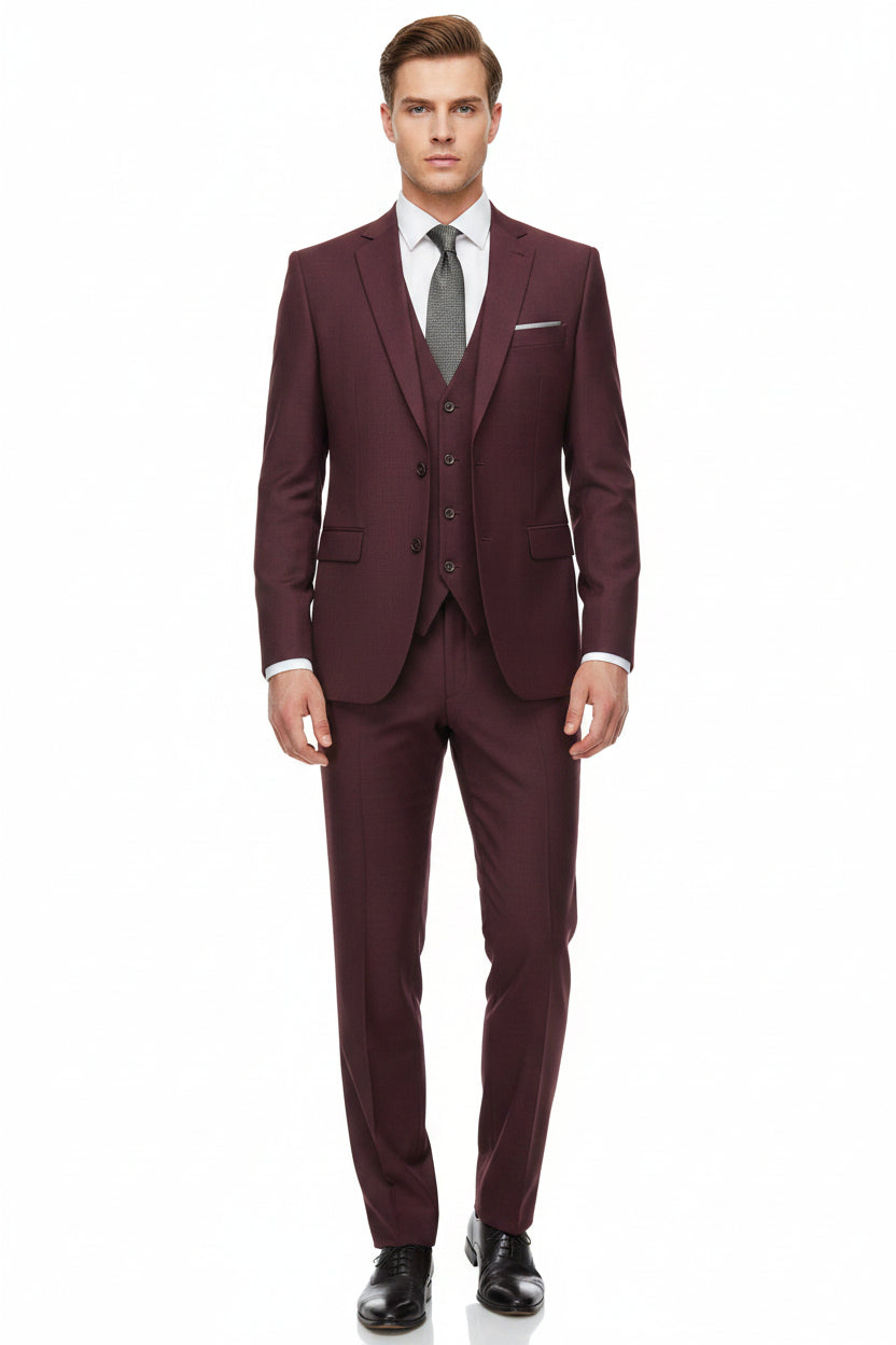 Raymond unstitched Super 120’s polywool trousers and suit fabric in wine color, featuring fine textured material and tailored design.