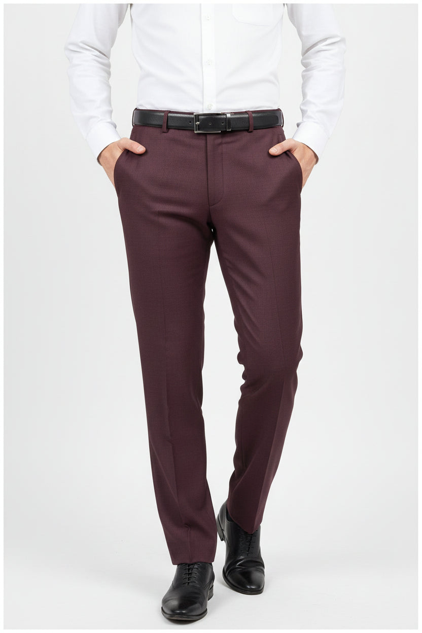 Raymond Super 120’s polywool trousers and suiting fabric in wine color, showcasing the fabric texture and tailored fit.