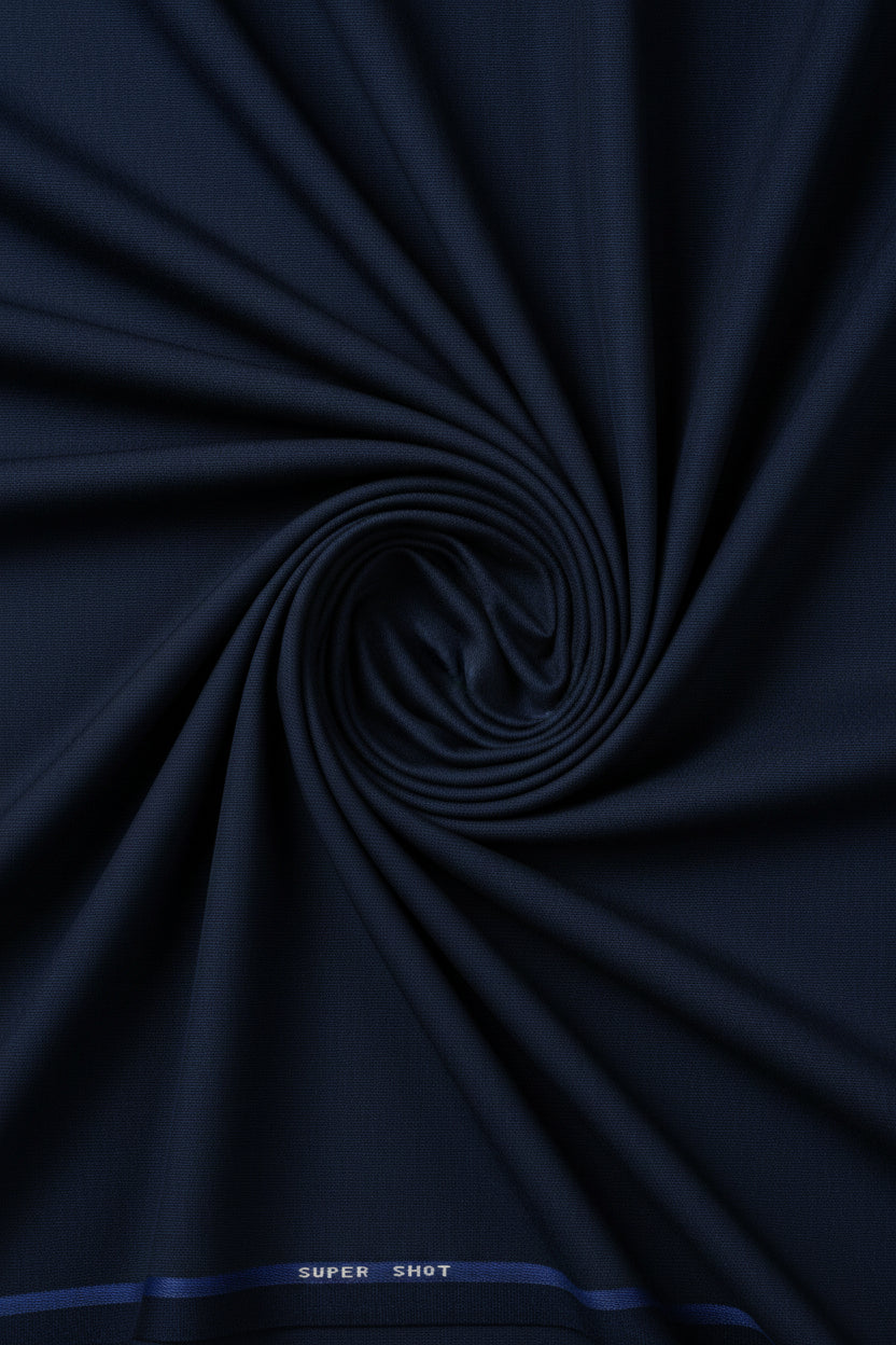 Royal blue Mafatlal unstitched poly viscose trouser and suiting fabric, showing textured woven fabric with subtle sheen.