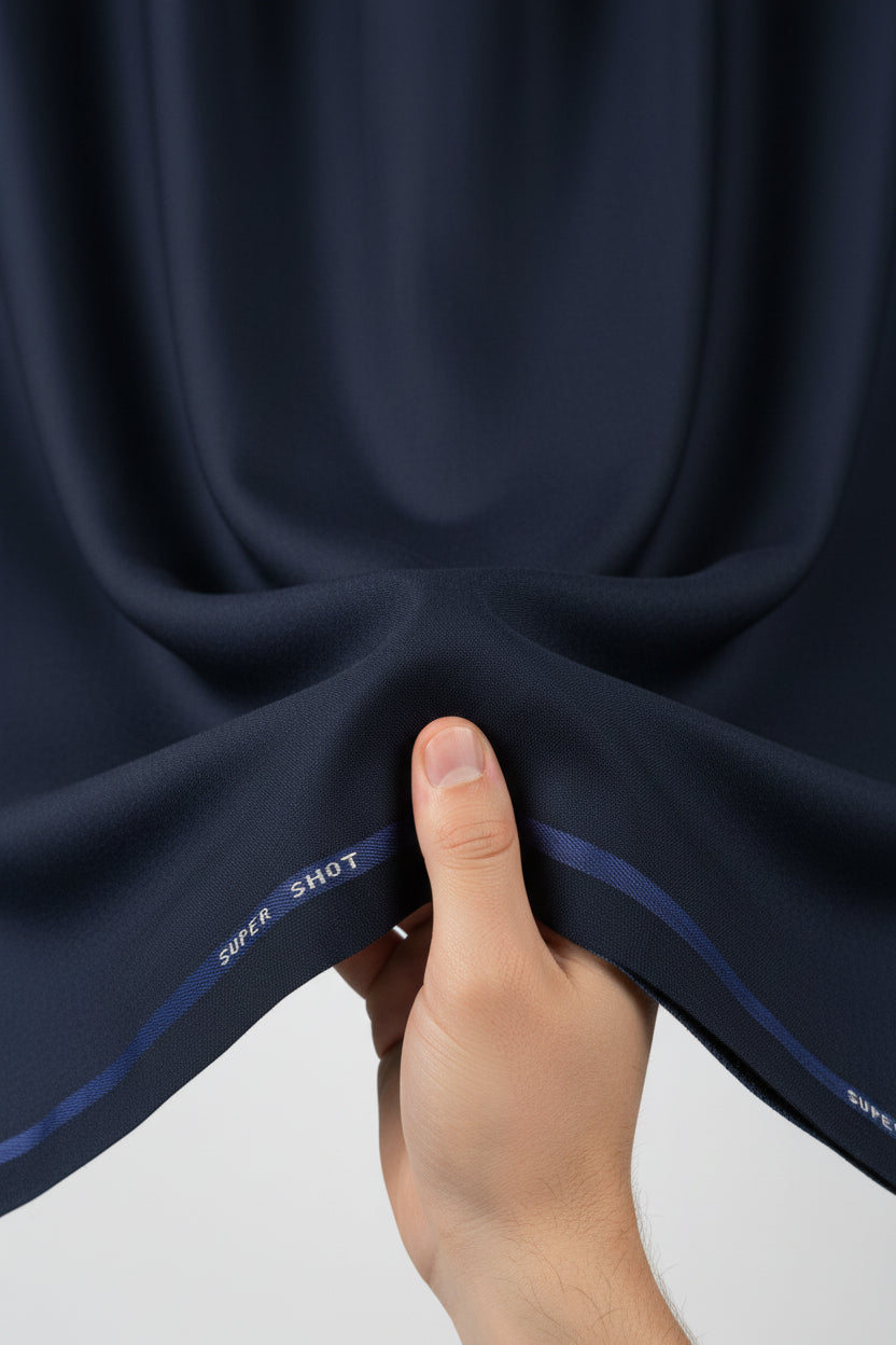 Royal blue Mafatlal unstitched poly-viscose trouser and suiting fabric, showing the textured fabric pattern and color.