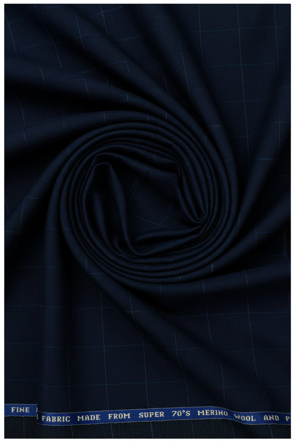Raymond navy blue poly wool suiting with check pattern, Super 70's Merino Wool fabric, tailored for formal wear.