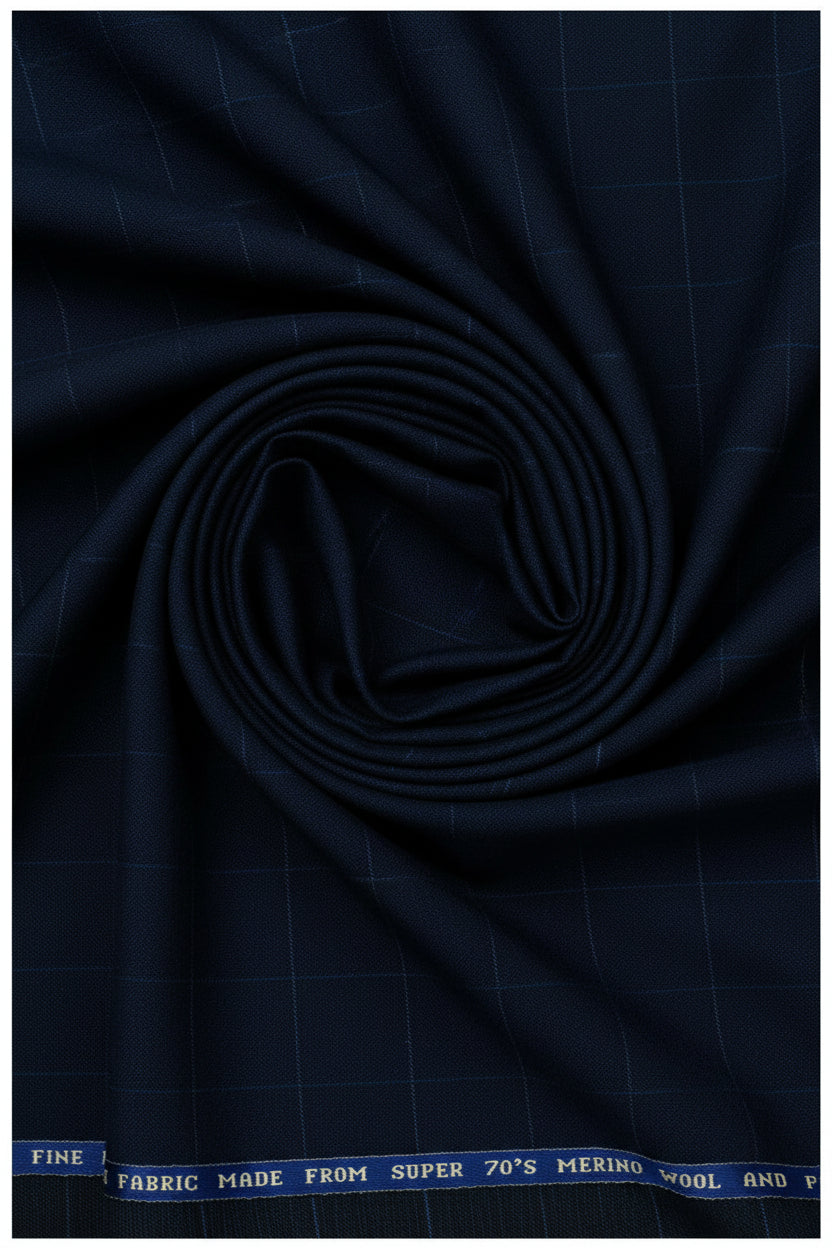 Raymond Luxurious navy blue polywool self-check trousers fabric, unstitched textile for tailoring or suit making.