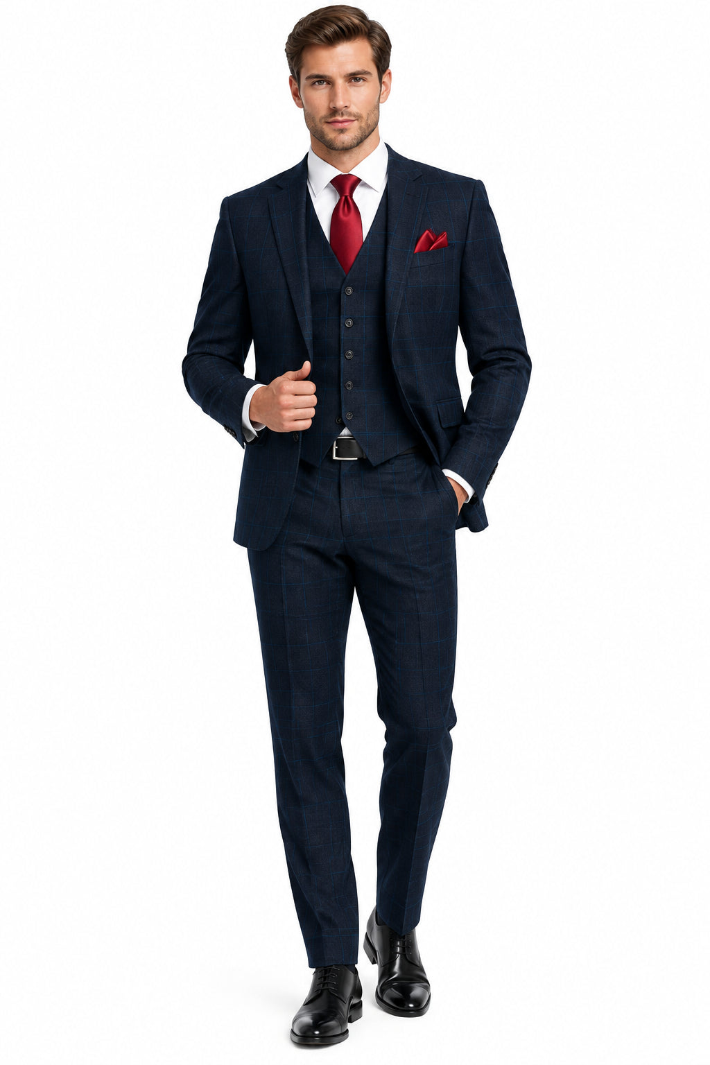 Raymond navy blue poly wool suiting with check pattern, Super 70's merino wool fabric, suitable for formal or business wear.