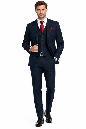Raymond navy blue poly wool suiting with check pattern, Super 70's merino wool fabric, suitable for formal or business wear.