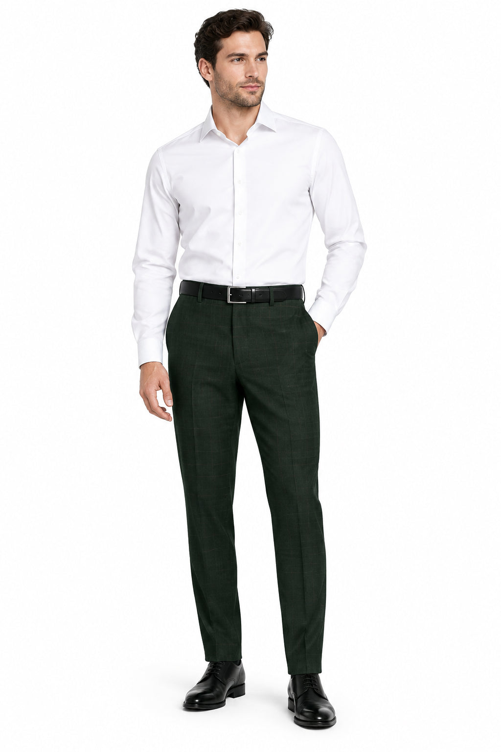 Green Raymond unstitched poly wool trousers fabric with a smooth, woven texture for custom tailoring or sewing projects.