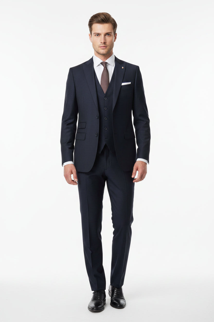Navy blue Mafatlal unstitched poly viscose trouser and suiting fabric, detailed view of the textile pattern and fabric texture.