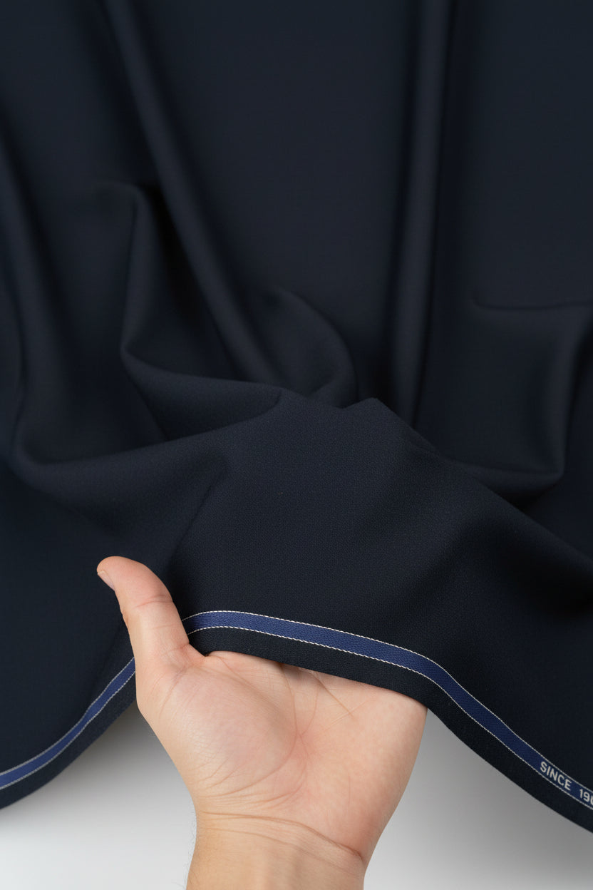 Navy blue Mafatlal unstitched poly viscose trouser and suiting fabric, detailed fabric texture and color in a close-up image.