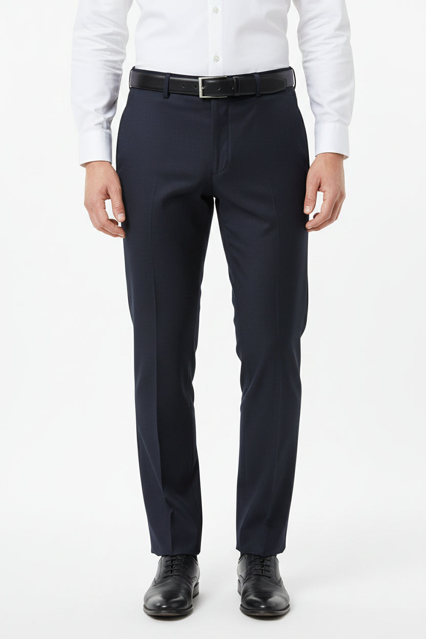 Navy blue Mafatlal unstitched poly viscose trouser and suiting fabric, showing textured fabric with subtle sheen.
