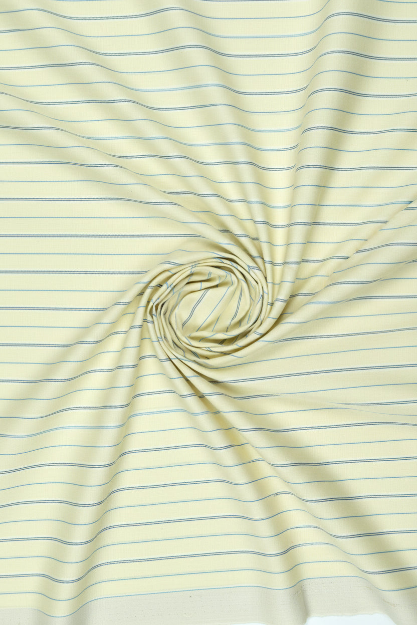 Lime yellow Arvind cotton shirting fabric with white and green stripes, suitable for unstitched shirt making.