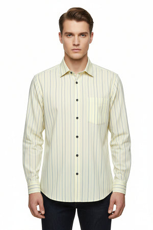 Striped lime yellow Arvind cotton shirting fabric for unstitched garments, showcasing soft textile and vibrant color.