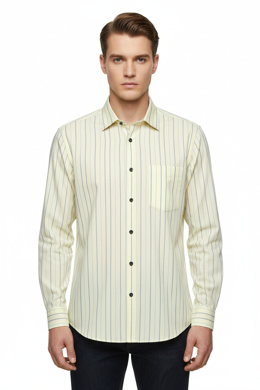 Striped lime yellow Arvind cotton shirting fabric for unstitched garments, showcasing soft textile and vibrant color.