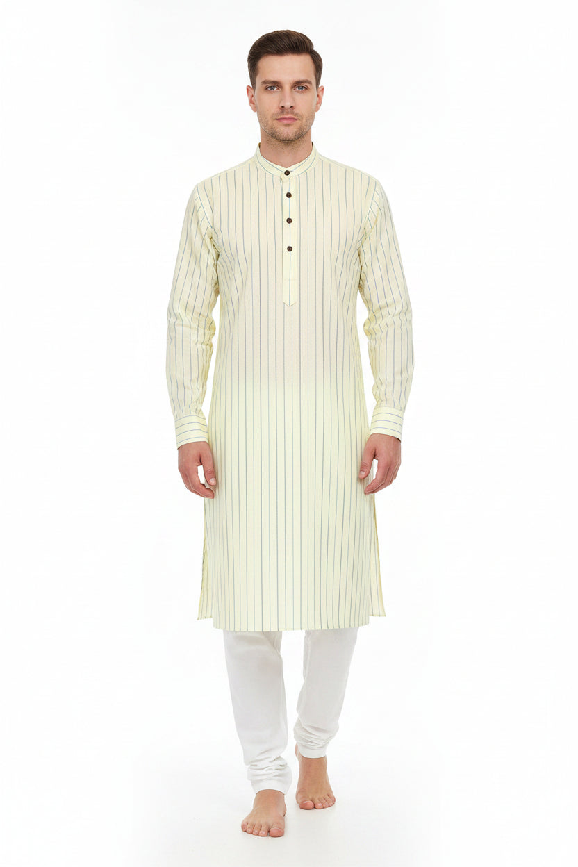 Arvind Cotton Shirting Fabric in lime yellow with white and darker yellow stripes, suitable for unstitched shirt projects.