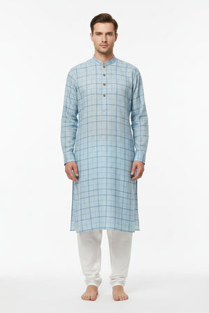 Blue checks Arvind Tresca linen shirt fabric with a crisp, woven texture, ideal for stylish, breathable shirts.