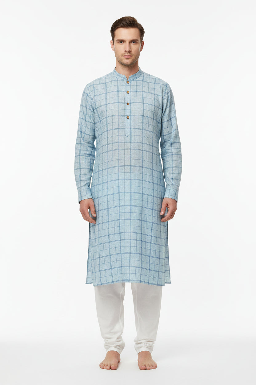 Blue checks Arvind Tresca linen shirt fabric with a crisp, woven texture, ideal for stylish, breathable shirts.