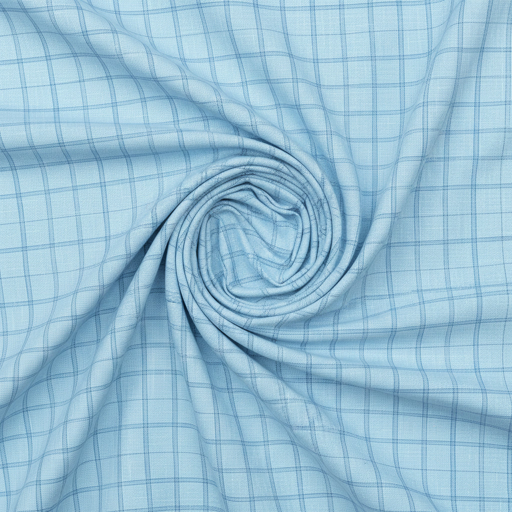 Blue Arvind Tresca linen shirt fabric with check pattern, showcasing the textured linen material and detailed design.