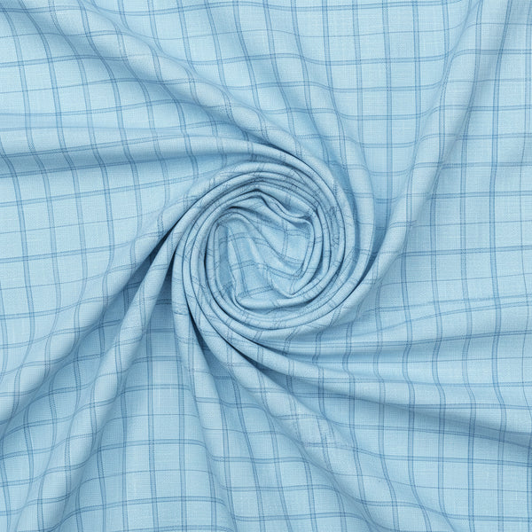 Blue Arvind Tresca linen shirt fabric with check pattern, showcasing the textured linen material and detailed design.
