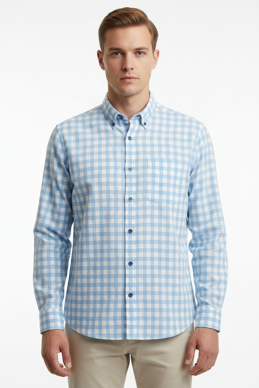 Sky blue Arvind cotton checks shirting fabric with unstitched design, suitable for making shirts or apparel.