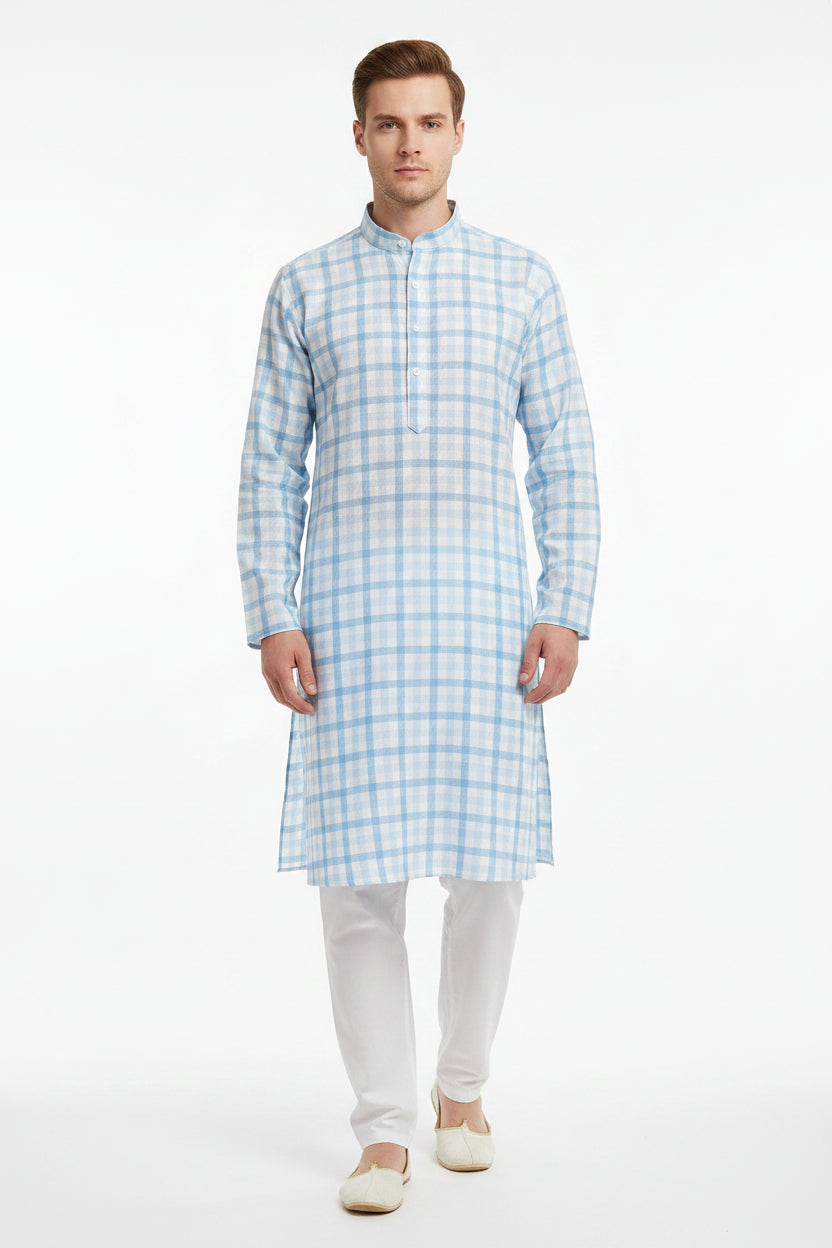 Sky blue Arvind cotton checks shirting fabric, unstitched material suitable for shirts, with a classic check pattern.