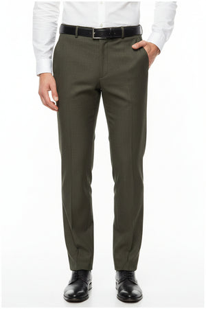 Olive Raymond polywool trousers and suiting fabric, premium wool blend material, shown in close-up detail.