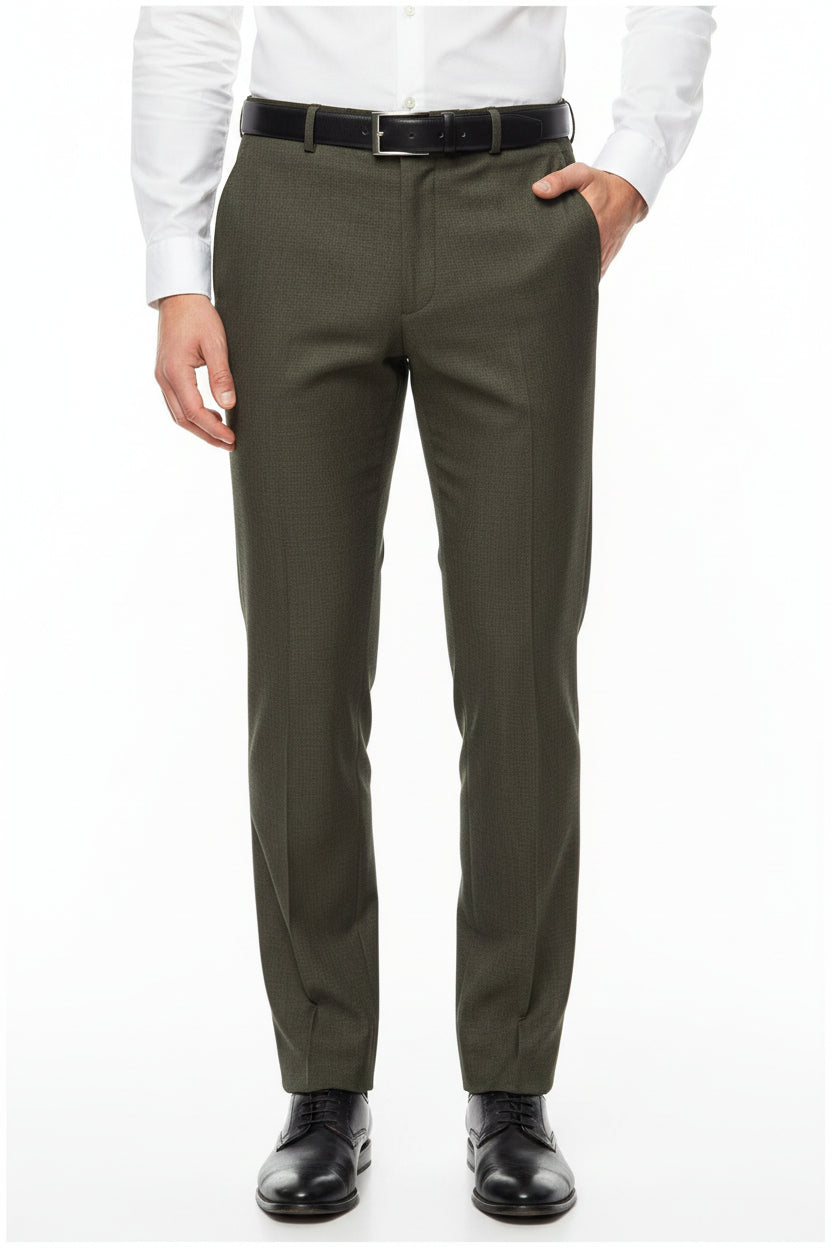 Raymond Luxurious Unstitched Polywool Trousers and Suiting Fabric in Tate Olive, with textured fabric close-up.