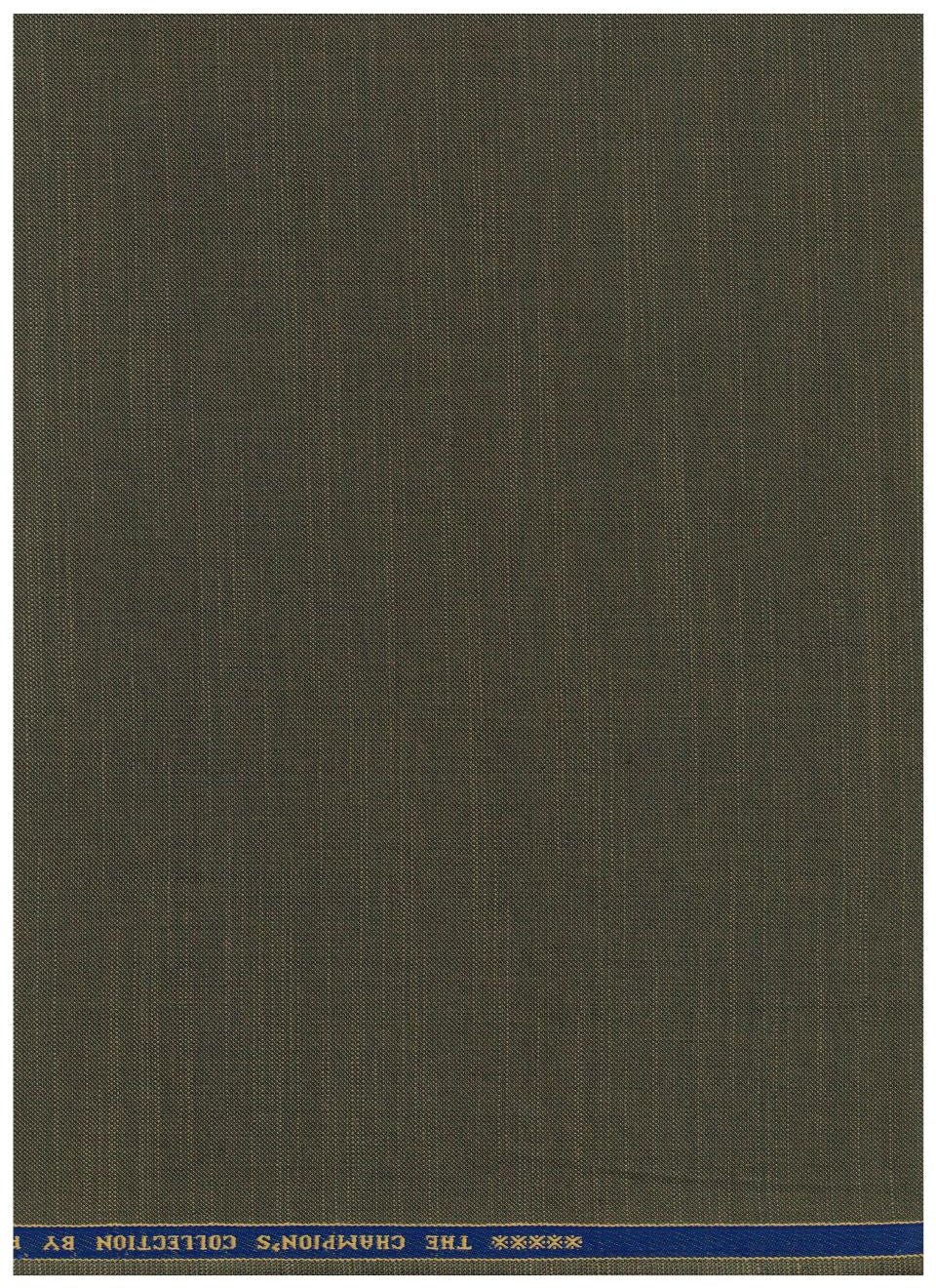 Raymond polywool trousers and suiting fabric in olive, showcasing the premium wool blend textile with a close-up of the fabric texture.