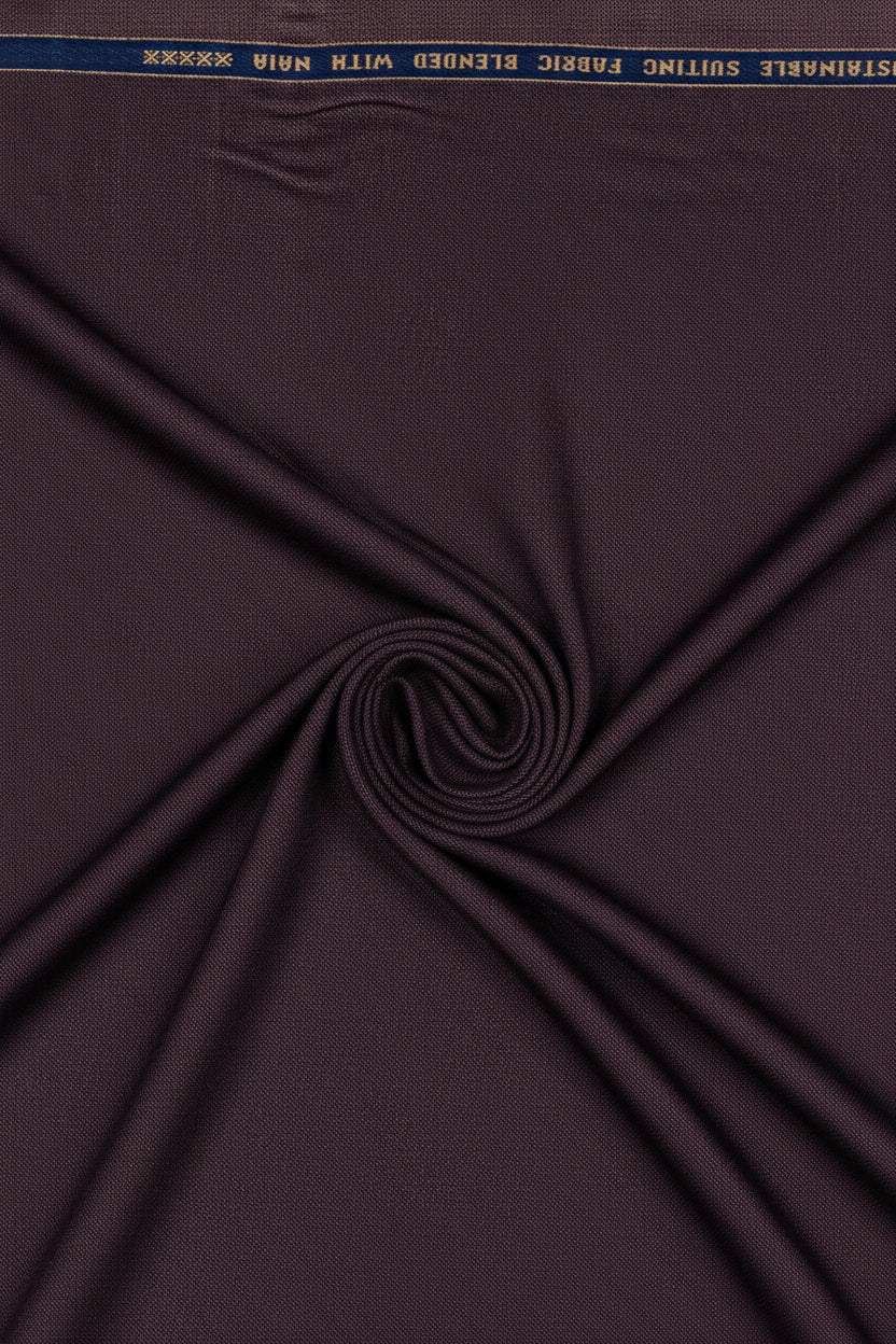 Raymond luxurious unstitched polywool trousers and suiting fabric in grape purple, showing the textured textile fabric.