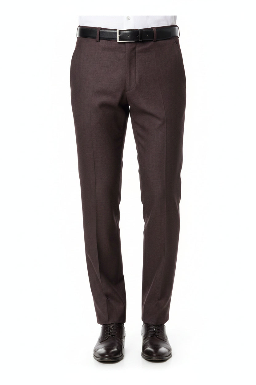 Raymond luxury unstitched polywool fabric in grape purple, suitable for trousers and suiting, displayed in close-up fabric detail.