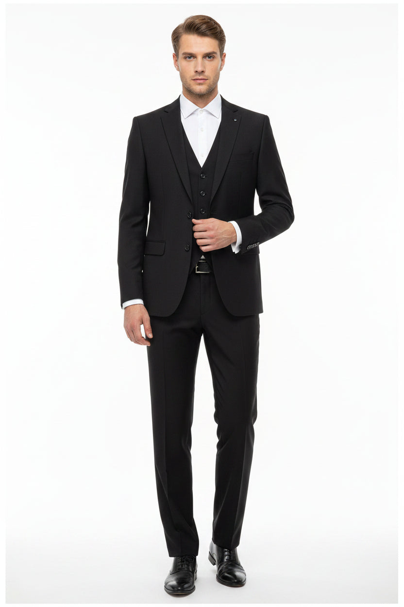 Black Raymond Luxurious Unstitched Polywool Trousers and Suiting Fabric, with folded fabric and detailed texture visible.